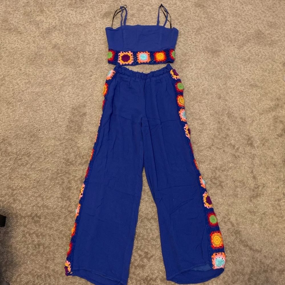 Two piece blue crochet pants set